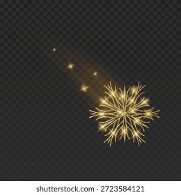 Ilustração dinâmica de um floco de neve brilhante com uma trilha de luz mágica. O brilhante cristal de inverno apresenta um brilhante efeito cintilante, estrelas brilhantes e uma trilha de borrão de movimento suave. Isolado em um fundo escuro, este elemento elegante é perfeito para cartazes de Natal, banners de Ano Novo, promoções de esportes de inverno e animações festivas de férias
