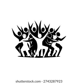 A dynamic illustration of a group of individuals with raised arms, symbolizing unity, celebration, and collective achievement.