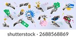 Dynamic illustration of hands performing diverse financial transactions in vibrant pop art style. Colorful depiction of money handling, payments, and savings on abstract background.