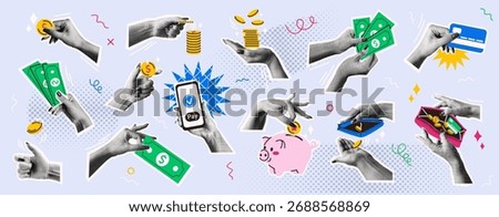 Dynamic illustration of hands performing diverse financial transactions in vibrant pop art style. Colorful depiction of money handling, payments, and savings on abstract background.