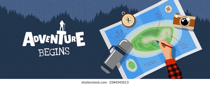 Dynamic illustration of hiker studying map against mountain backdrop. Bold typography and modern design symbolizing adventure, navigation and thrill of outdoor exploration. Horizontal banner
