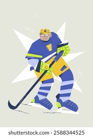 Dynamic illustration of an ice hockey player in action, wearing blue and yellow gear with a hockey stick on an ice rink. Perfect for sports-related designs, posters, and articles