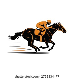 A dynamic illustration of a jockey riding a galloping black horse in motion