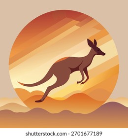 Uma ilustração dinâmica de um canguru saltando através de uma paisagem desértica, com um sol estilizado no fundo, criando uma cena quente e vibrante da vida selvagem australiana.