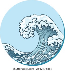 A dynamic illustration of a large, curling ocean wave with white foam, depicted within a circular frame