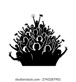 A dynamic illustration of a large group of people celebrating with their arms in the air, creating a vibrant and energetic atmosphere.