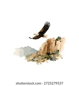 Ilustración dinámica de un majestuoso águila calva que se eleva sobre montañas escarpadas. Simboliza la libertad, la fuerza y la naturaleza. Ideal para la vida silvestre, la aventura o los diseños patrióticos.