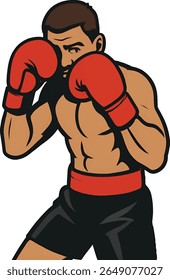 Uma ilustração dinâmica de um boxeador masculino, mostrando uma postura poderosa com punhos levantados e luvas de boxe.