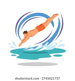 A dynamic illustration of a man in mid-dive, plunging into blue water with a dramatic splash and stylized blue swirls in the background.