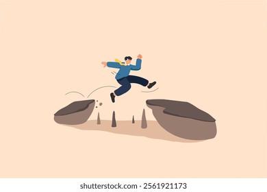 A dynamic illustration of a man mid-jump over a gap between cliffs, symbolizing bravery, determination, and overcoming challenges. The playful hand-drawn style makes it ideal for motivational content.