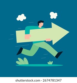 Una ilustración dinámica de un hombre corriendo rápido mientras carga una Grande flecha, que simboliza el progreso, la dirección futura y la superación de obstáculos para lograr objetivos y éxito.