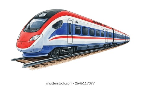 Dynamic illustration of a modern high-speed train racing on tracks. Perfect for showcasing innovation in transportation, rail systems, and futuristic travel solutions.