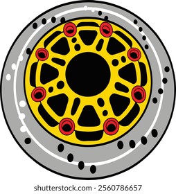 Dynamic illustration of a motorcycle brake disc, featuring bold colors and precision engineering. Ideal for automotive design and performance enthusiasts