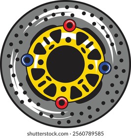 Dynamic illustration of a motorcycle brake disc with a yellow hub, showcasing sleek design and precision. Ideal for automotive and engineering lovers