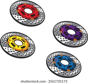 Dynamic illustration of multicolored brake discs, featuring innovative design and precision engineering, perfect for automotive art enthusiasts