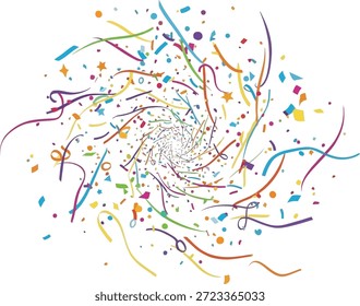 Uma ilustração dinâmica de confetes multicoloridos e galhardetes girando em um movimento circular sobre um fundo branco