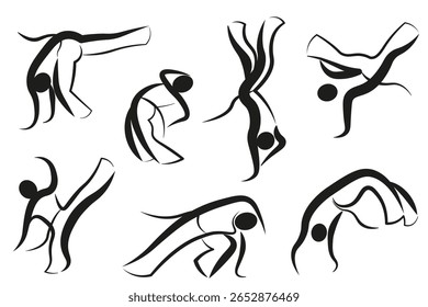 A dynamic illustration of multiple figures performing traditional capoeira movements, rendered in an abstract, calligraphic brush style. The minimalist black silhouettes of the Brazilian martial art.