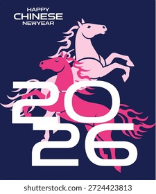 Ilustración dinámica de múltiples caballos saltando con una tipografía audaz de 2026 sobre fondo azul oscuro Tarjeta de felicitación moderna del año Nuevo chino con animales energéticos del zodiaco y acentos rosados vibrantes