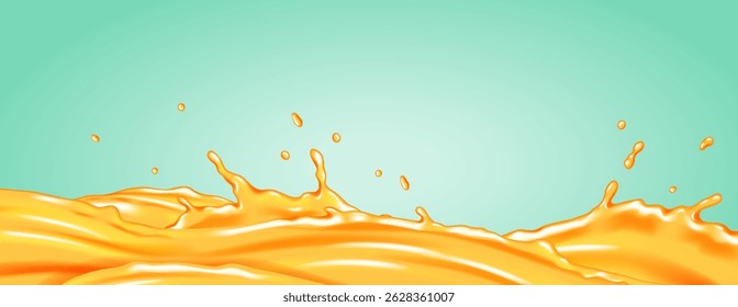 Dynamic illustration of orange liquid splashing on turquoise background. Bright colors and fluid motion create a refreshing and energetic feel. Perfect for beverage ads.