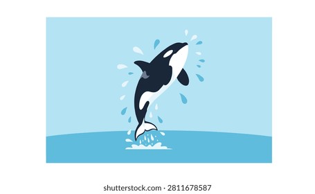 Dynamic illustration of an orca whale leaping high out of the blue ocean water with playful splashes against a clear sky.