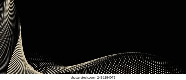 Una ilustración dinámica de ondas de partículas, representada con puntos y líneas dorados en un degradado de semitonos, crea curvas de puntos fluidas, un fondo negro, perfecto para tecnología, sonido, música y más.