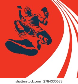 Dynamic illustration of a person in mid-jump, striking a powerful pose. This silhouette is set against a bold red background with sweeping white curves, suggesting motion and energy. The person wears athletic attire, including a cap and gloves, emphasizing a sporty theme. The stylized design creates a sense of action and excitement, with emphasis on the large, prominent shoe tread.