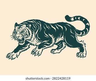 Dynamic illustration of a powerful and fierce tiger in a stalking pose, symbolizing untamed strength, courage, and the majestic spirit of wild nature