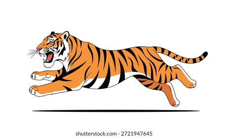 Ilustración dinámica de un poderoso tigre corriendo a toda velocidad con la boca abierta mostrando dientes para un tema de animales feroces.