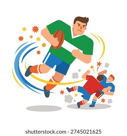 Dynamic illustration of a rugby player running with the ball, evading tackles from opponents.