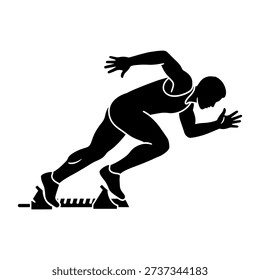 A dynamic illustration of a runner in motion poised at the starting blocks silhouette