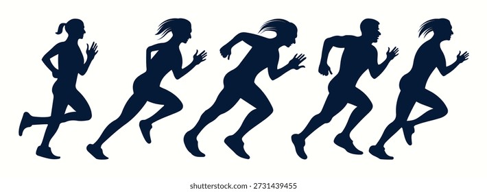 Una ilustración dinámica de corredores en movimiento, mostrando la fuerza atlética y la energía. Con hombres y mujeres velocistas, corredores y atletas en forma de silueta de fitness y carrera de competición.