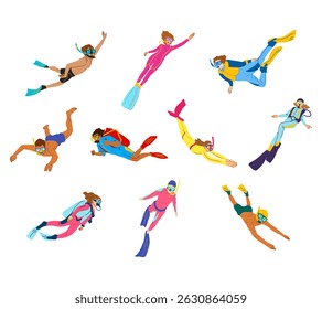 A dynamic illustration set of diving characters in various poses, equipped with snorkels, wetsuits, fins, and oxygen tanks for underwater activity themes, marine sports designs, and adventure visuals.