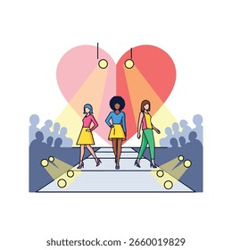 a dynamic illustration showcasing a captivating fashion show featuring three elegant models gracefully walking a runway illuminated by spotlights against a backdrop of a heart symbol