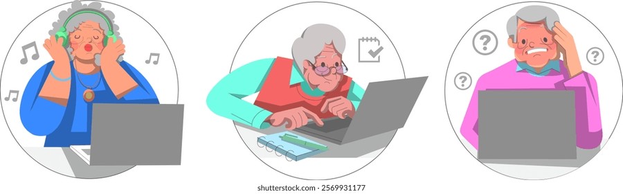 A dynamic illustration showcasing three elderly individuals interacting with technology in different scenarios. 