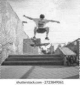 Una ilustración dinámica de un skater realizando un truco de salto de altura en un entorno urbano. Este diseño enérgico captura la libertad y la emoción de los deportes extremos. Perfecto para la marca de ropa de calle, carteles de tiendas de skate, volantes de eventos y revistas de cultura juvenil. Ideal para proyectos creativos dirigidos a skaters y públicos de estilo de vida urbano. Obra de arte de Vector limpio para uso versátil en medios digitales e impresos.