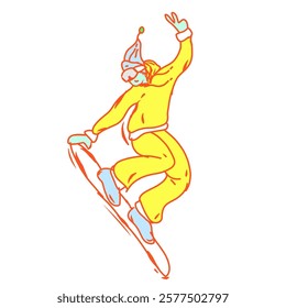 Dynamic illustration of a skateboarder performing a jump trick, featuring a minimalist design with orange outline and yellow jumpsuit. Simple yet expressive line art style with light blue accents capt