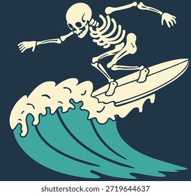 Dynamische Illustration eines Skeletts, das auf einer Welle surft, in einem gewagten Vektorstil mit einer rebellischen Surf-Ästhetik entworfen.