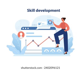 Dynamic illustration of skill development, showcasing an individual's progress with analytical charts and educational tools. Professional growth visualized. Flat vector illustration.