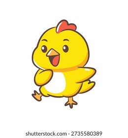 A dynamic illustration of a small yellow chick running forward with excitement.