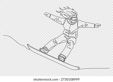 Eine dynamische Darstellung eines Snowboarders in der Mitte der Aktion, die ihr Geschick und Gleichgewicht auf den Pisten mit ihren Haaren im Wind bläst und Arme ausgestreckt für Stabilität.