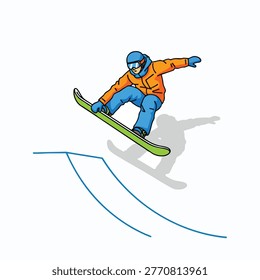 A dynamic illustration of a snowboarder mid-air, executing a jump from a snow ramp. The snowboarder is wearing a bright orange jacket and blue pants, with a helmet and goggles.