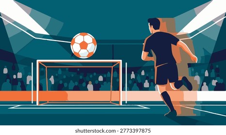 A dynamic illustration of a soccer player kicking a ball towards a brightly lit goal in a stadium, with a crowd of spectators in the background.