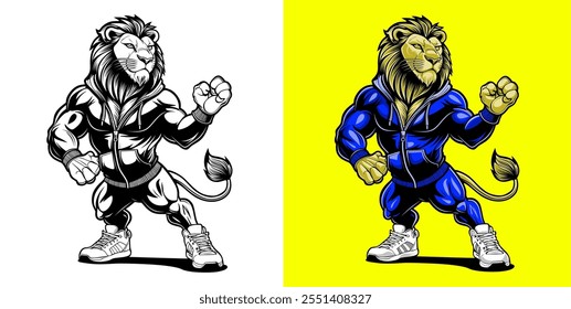 Dynamic illustration of a strong anthropomorphic lion in sportswear, displaying power and confidence. Features contrasting black-and-white and colorful versions, highlighting strength and bold style.