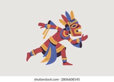 Dynamic illustration of a stylized Mesoamerican warrior or dancer. The figure wears a vibrant, traditional costume with a feathered headdress, mask-like face, and colorful patterns, evoking ancient tr