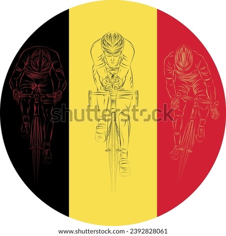 Dynamic illustration of three road cyclists in aerodynamic positions overlaid on a circular background of the Belgian flag. Perfect for cycling event promos, posters, or sports branding.