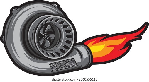 Dynamic illustration of a turbocharger with flames, emphasizing power and performance, ideal for automotive enthusiasts and high-speed racing fans