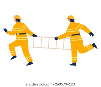 Dynamic illustration of two firefighters carrying a ladder, showcasing teamwork and emergency response.