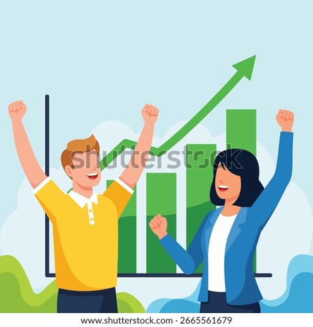 Dynamic illustration of two people celebrating success with a positive business growth chart and a bar graph in the background, symbolizing achievement, teamwork, and professional success.