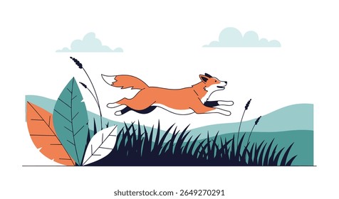 A dynamic illustration of a vibrant orange fox gracefully leaping through tall green grass and lush foliage on a bright sunny day with stylized clouds in the background