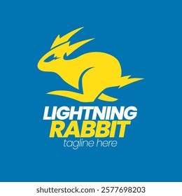 A dynamic illustration of a yellow rabbit running swiftly with lightning bolt-shaped ears against a vibrant blue background